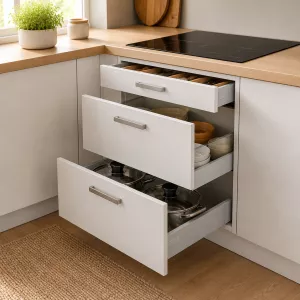 Spodní skříňka pro varnou desku 600 mm, 3 zásuvky – realistická vizualizace