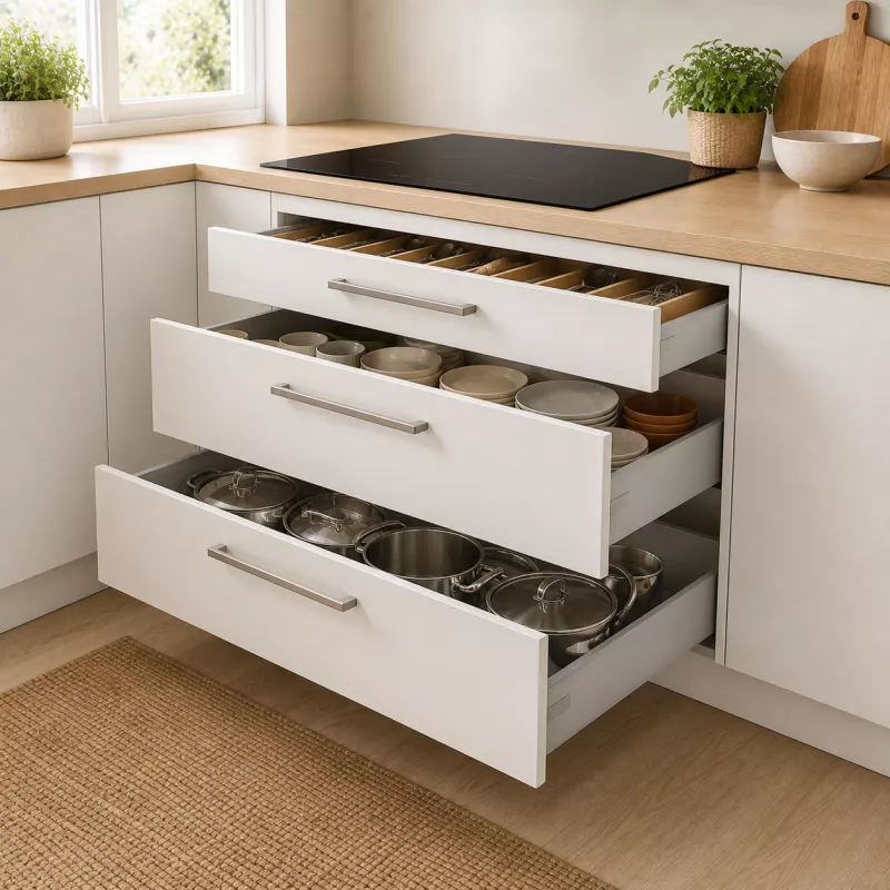 Spodní skříňka pro varnou desku 900 mm, 3 zásuvky – realistická vizualizace